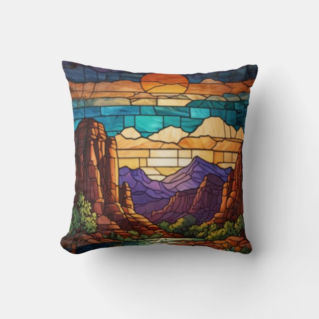 Retro desert scene Sedona mountains stainglass art Kudde (Framsida)