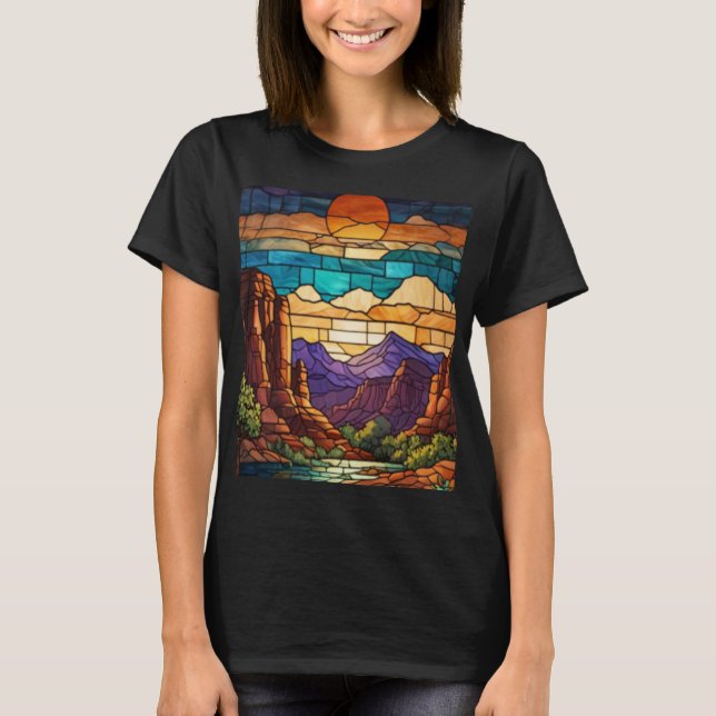 Retro desert scene Sedona mountains stainglass art T Shirt (Framsida)