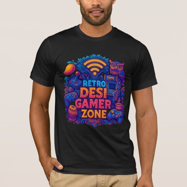 Retro Desi Gamer - Zon T-Shirt - Neon-speldesign (Framsida)