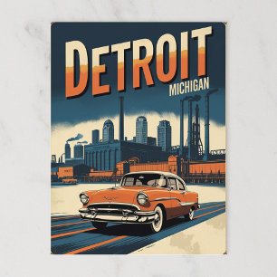 Retro Detroit Industrial City med klassisk bil Vykort