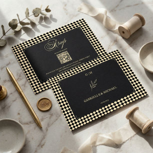 Retro Diamant Mönster Svart Guld Bröllop QR OSA Kort
