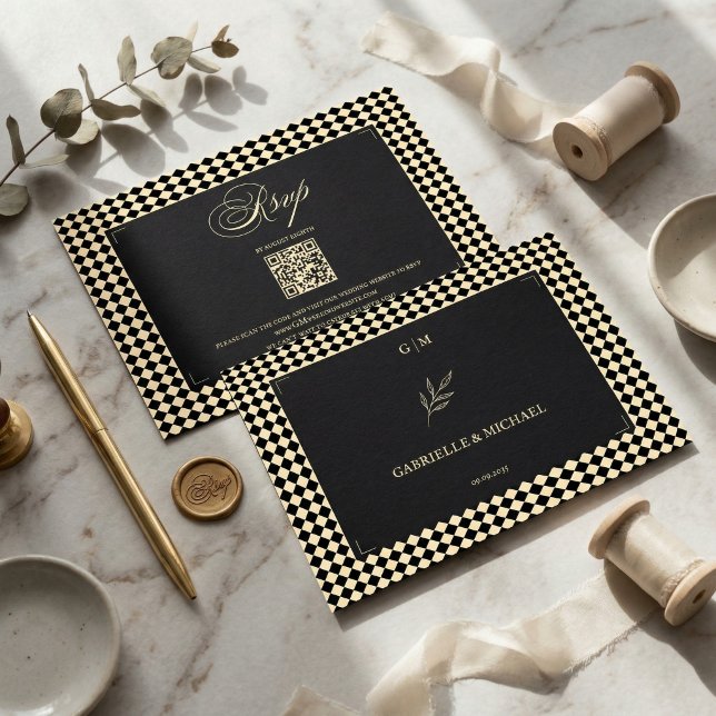 Retro diamantmönster Svart Guld Bröllops QR OSA Kort (Skapare uppladdad)