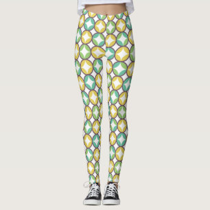 Retro Diamond i Circle Mönster Blue Grönt Guld Leggings