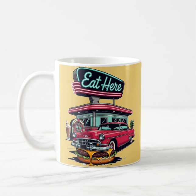 Retro Diner Ät Här Classic Car Burger T-Shirt Kaffemugg (Vänster)