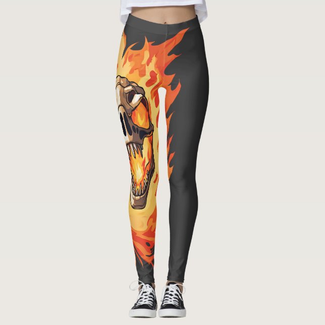 Retro Dinosaur Dead Burning Skull i brand Leggings (Framsida)