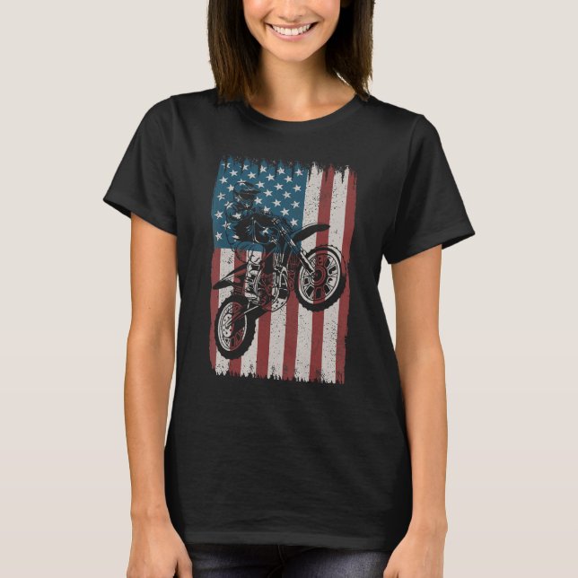 Retro Dirt Bike American Flag Motocross Biker 4th  T Shirt (Framsida)