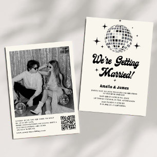 Retro Disco Boll Black White QR Code Bröllop Inbjudningar
