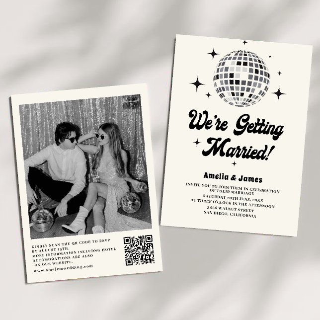 Retro Disco Boll Black White QR Code Bröllop Inbjudningar (Skapare uppladdad)