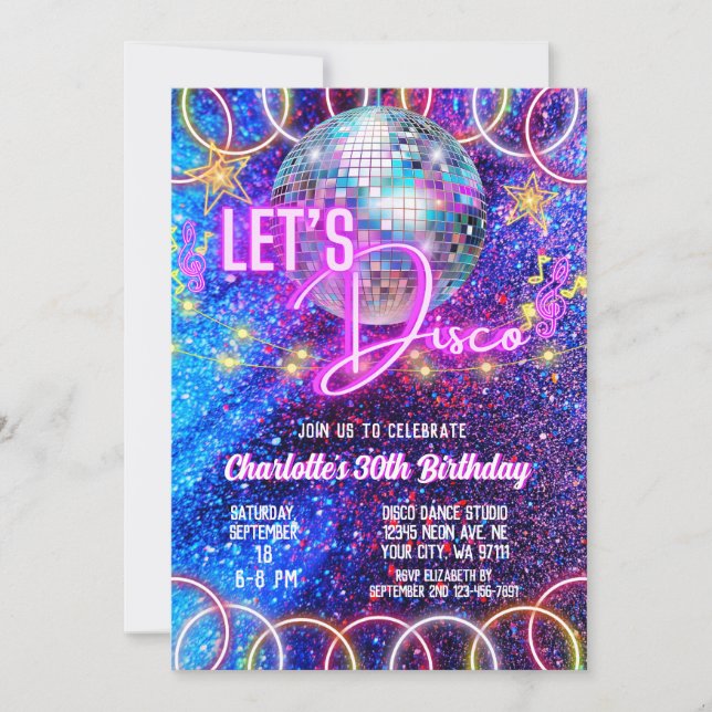 Retro Disco Boll Bright Rosa Neon Glow Birthday Inbjudningar (Framsida)