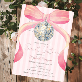 Retro Disco Boll Chic Rosett Rosa Ränder Sweet 16 Inbjudningar