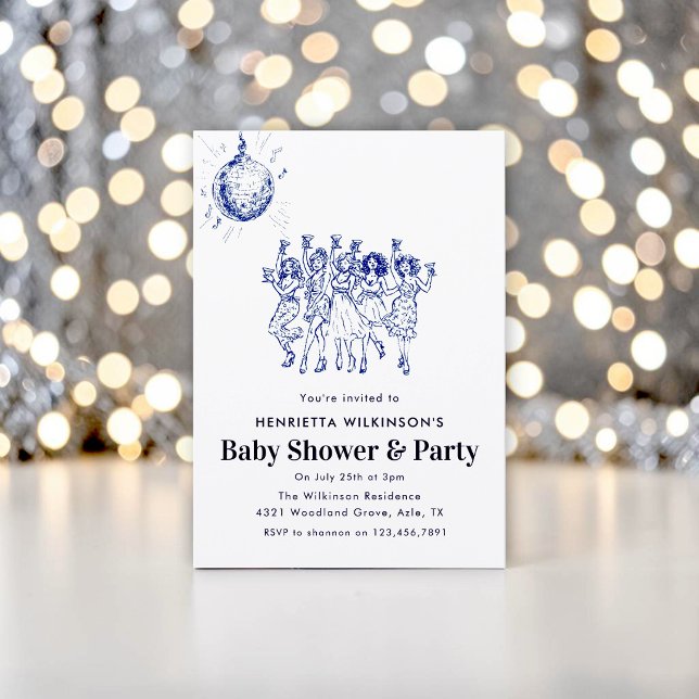 Retro Disco Boll Dansfest  Blå Bebis Shower Inbjudningar (Skapare uppladdad)