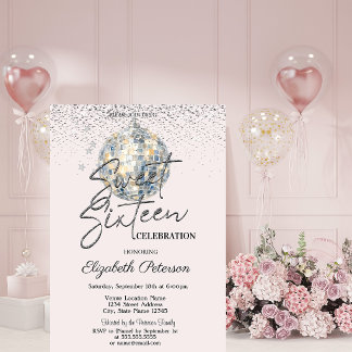 Retro Disco Boll Ljus Rosa Sweet 16 Inbjudningar