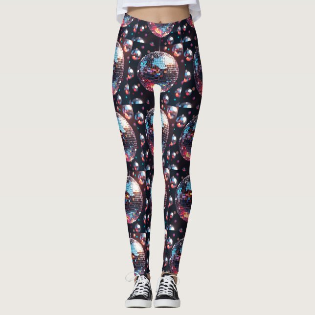 Retro disco boll mönster i silver och regnbåge leggings (Framsida)