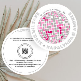 Retro Disco Boll Rosa och Grått Round Bröllop Spara Datumet