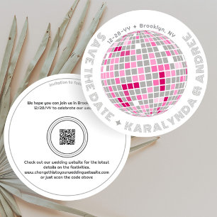 Retro Disco Boll Rosa och Grått Round Bröllop Spara Datumet