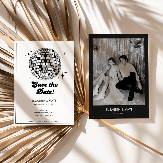 Retro Disco Boll Spara Datum Svart Vitt Inbjudningar (disco ball save the date, retro wedding invitation, black and white wedding, modern retro wedding, s)