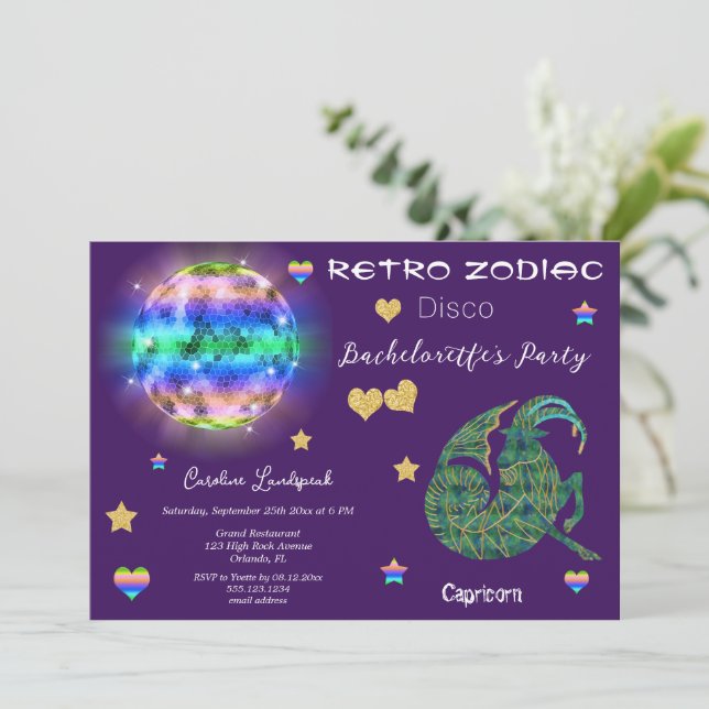 Retro Disco Capricorn Zodiac Sign Bachelorette Inbjudningar (Stående Fram)
