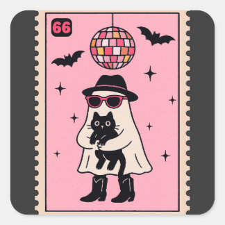Retro Disco Ghost med Black Cat Halloween Frimärke Fyrkantigt Klistermärke