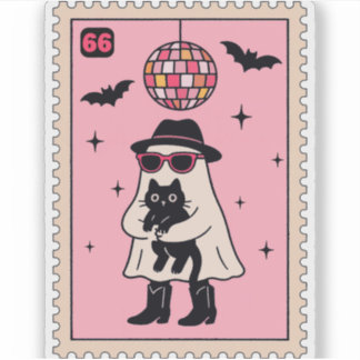 Retro Disco Ghost med Black Cat Halloween Frimärke Klistermärken