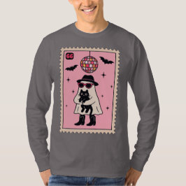 Retro Disco Ghost med Black Cat Halloween Frimärke T Shirt