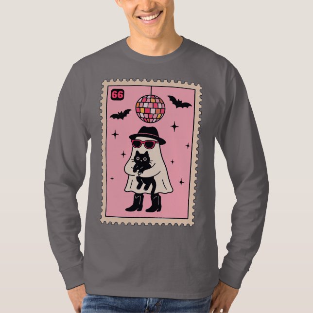 Retro Disco Ghost med Black Cat Halloween Frimärke T Shirt (Framsida)