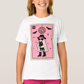Retro Disco Ghost med Black Cat Halloween Frimärke T Shirt