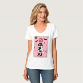 Retro Disco Ghost med Black Cat Halloween Frimärke T Shirt