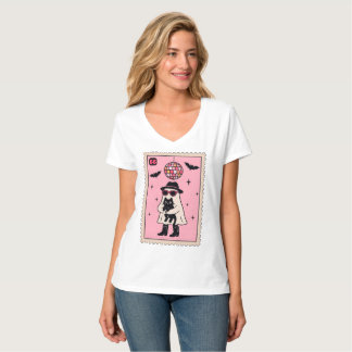 Retro Disco Ghost med Black Cat Halloween Frimärke T Shirt