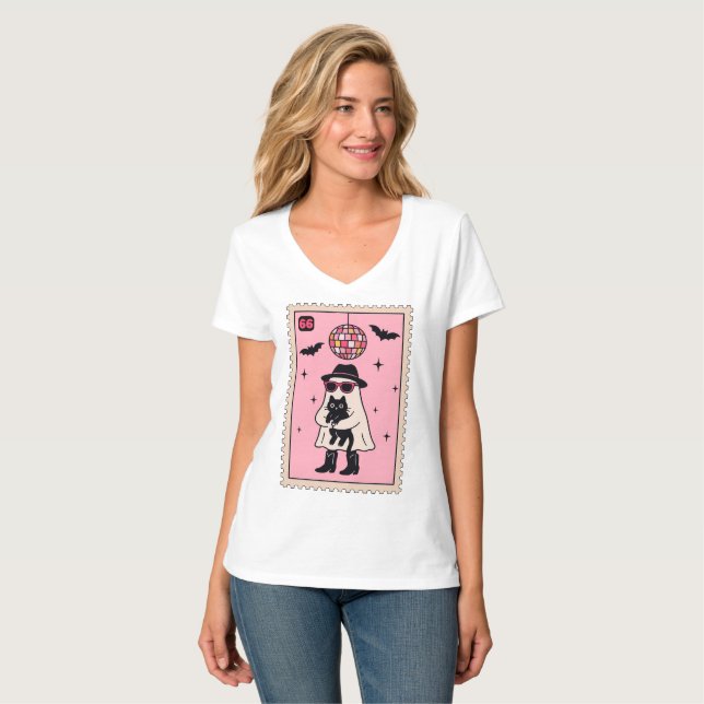Retro Disco Ghost med Black Cat Halloween Frimärke T Shirt (Hel framsida)