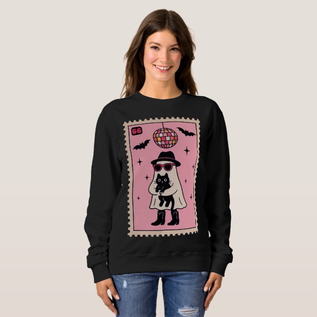 Retro Disco Ghost med Black Cat Halloween Frimärke T Shirt (Hel framsida)