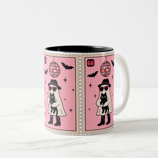 Retro Disco Ghost med Black Cat Halloween Frimärke Två-Tonad Mugg (Framsida höger)