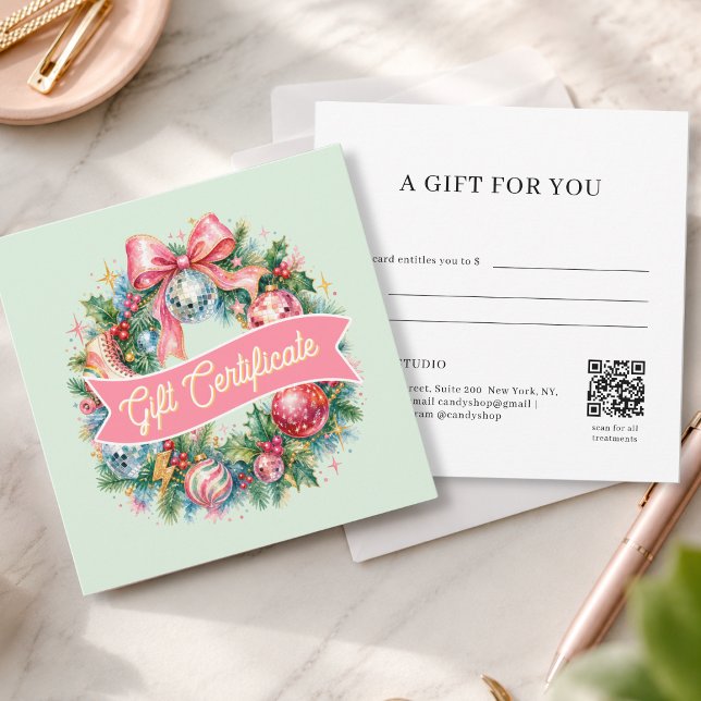 Retro Disco Julkrans QR-kod presentkort (Retro Disco Christmas Wreath QR Code Green Gift Certificate)