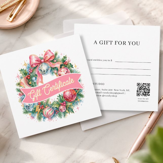 Retro Disco Julkrans QR-kod presentkort (Retro Disco Christmas Wreath QR Code White Gift Certificate)