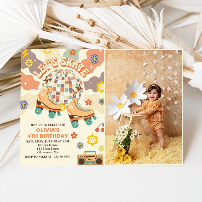 Retro Disco Roller Skate Låt oss Skate 4e födelsed Inbjudningar (Skapare uppladdad)