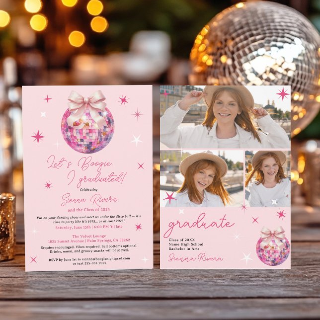 Retro Disco Rosa Bow 3-Studentfest för foton Inbjudningar (Retro Disco Pink Bow 3 photos Graduation Party Invitation)