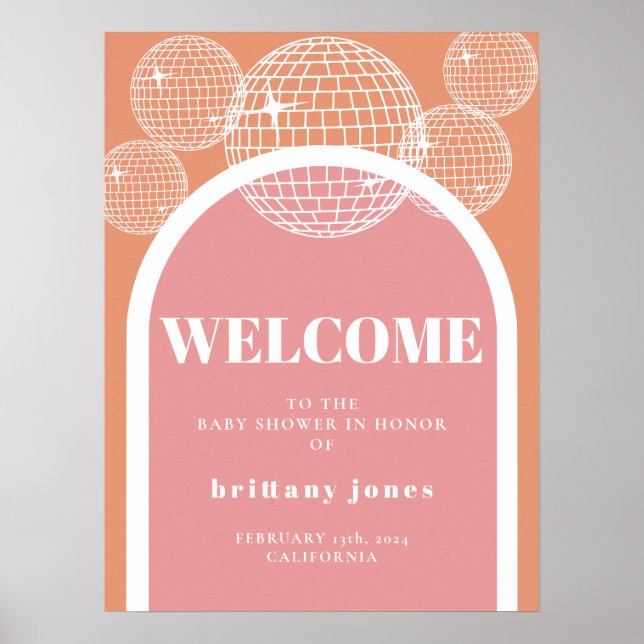 Retro Disco Rosa och Orange Groovy Baby Shower Poster (Framsidan)