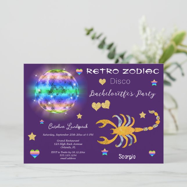 Retro Disco Scorpio Zodiac Sign Bachelorette Inbjudningar (Stående Fram)
