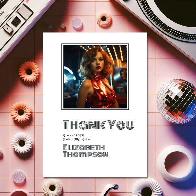Retro Disco Studenten Photo Tack Kort (Retro Disco Graduation Photo Thank You Card)