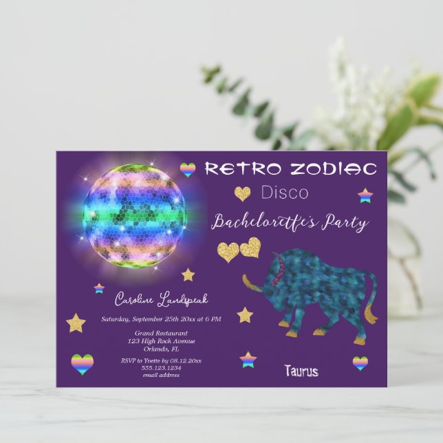 Retro Disco Taurus Zodiac Sign Bachelorette Inbjudningar (Stående Fram)