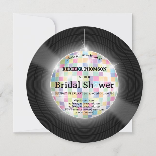 Retro disco vinylskiva bröllopsdusch inbjudan (Framsida)