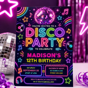Retro Discofest Neon Glöd Födelsedag Inbjudningar