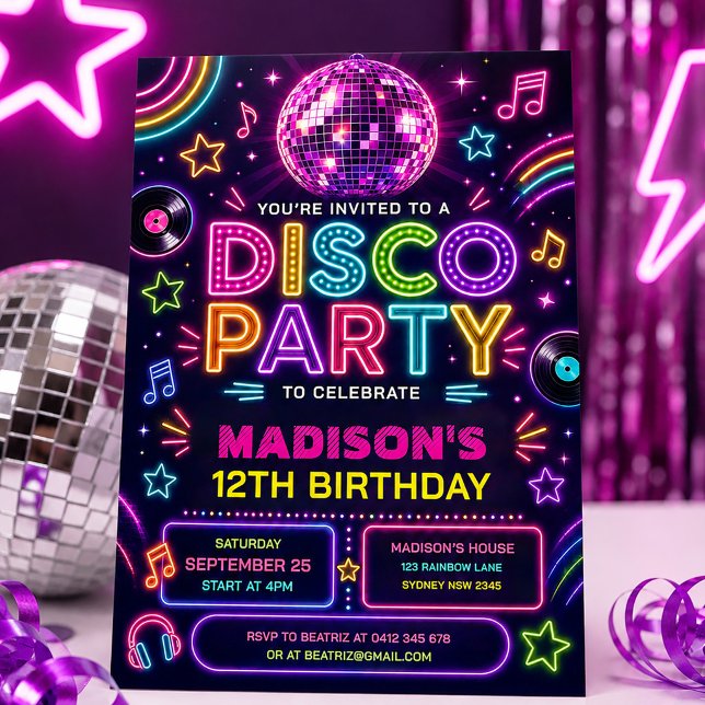 Retro Discofest Neon Glöd Födelsedag Inbjudningar (Skapare uppladdad)