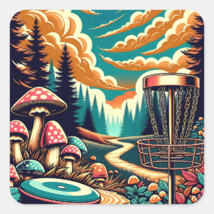 Retro Disk Golf Psychedelic Art Fyrkantigt Klistermärke