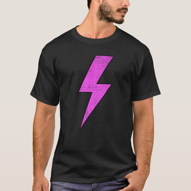Retro Distressed Front & Back PINK Lightning Bolt  T Shirt (Framsida)