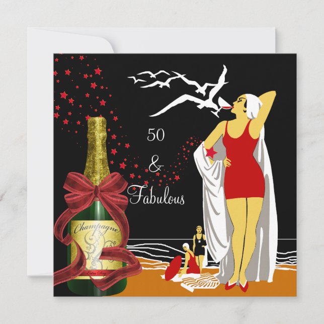 Retro Diva Art deco Red Black 50 Födelsedagsfester Inbjudningar (Framsida)