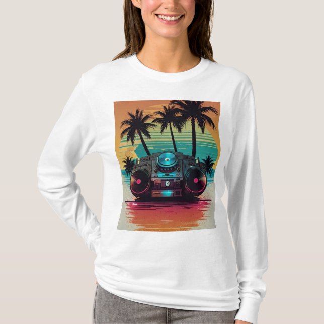 Retro DJ Boombox Beach T-Shirt 🎶 🌴 | Solnedgång  (Framsida)