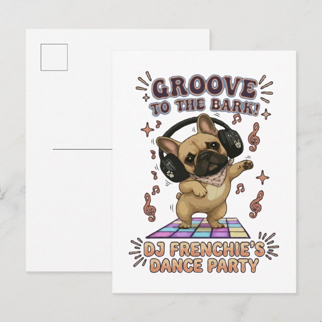 Retro DJ Frenchie Dansfest Grafisk Inbjudan Vykort (Fram/baksida)