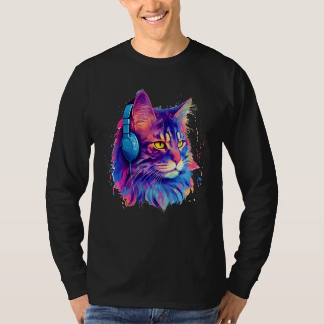 Retro DJ Maine Coon Male Cat Face Headphones Music T Shirt (Framsida)