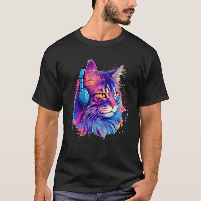 Retro DJ Maine Coon Male Cat Face Headphones Music T Shirt (Framsida)