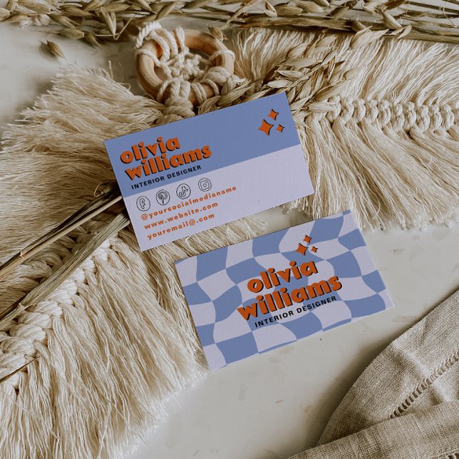 Retro Djärv Blå Orange Groovy Rutig Unik Kul Visitkort (Skapare uppladdad)